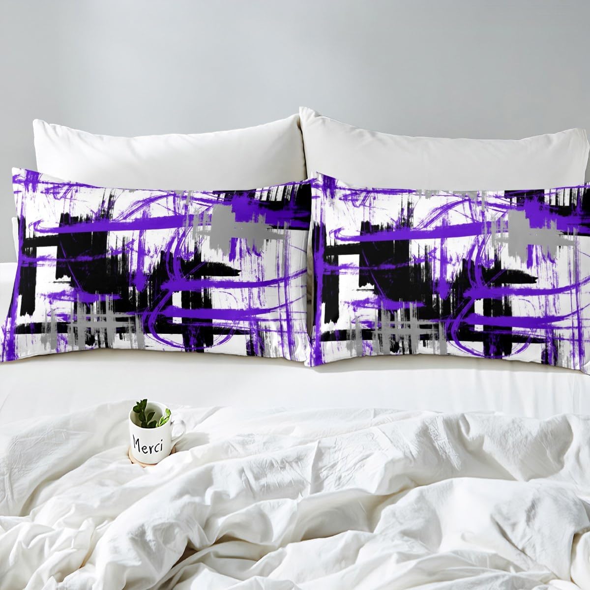 Feelyou Purple Grey Black Bedding Set Queen Size Kids Abstract Art Comforter Cover Set for Boys Teens Modern Striped Art Duvet Cover Breathable Geometric Bedspread Cover Room Decor Quilt Cover