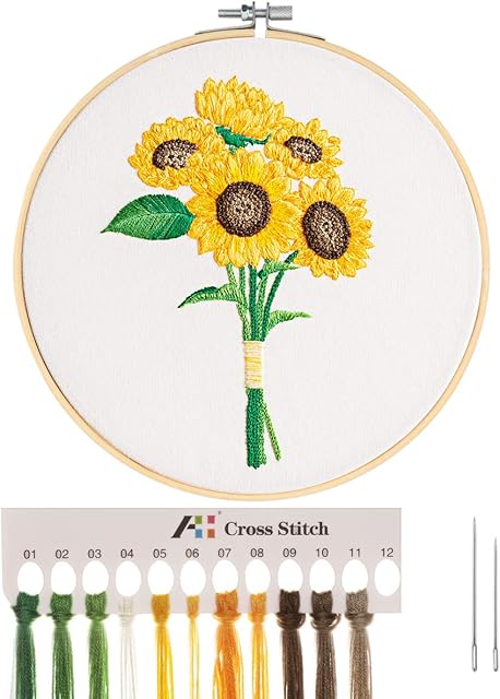 MWOOT 3D Cross Stitch Stamped Embroidery Starter Kit,Easy Embroidery with Sunflower Bouquet Pattern, Handmade Sewing Craft Kit for Adults Beginner