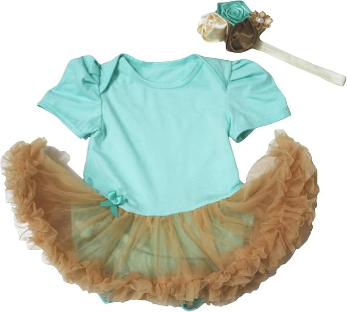 Baby Dress Aqua Blue Cotton Bodysuit Golden Brown Tutu Girl Romper Set Nb18m
