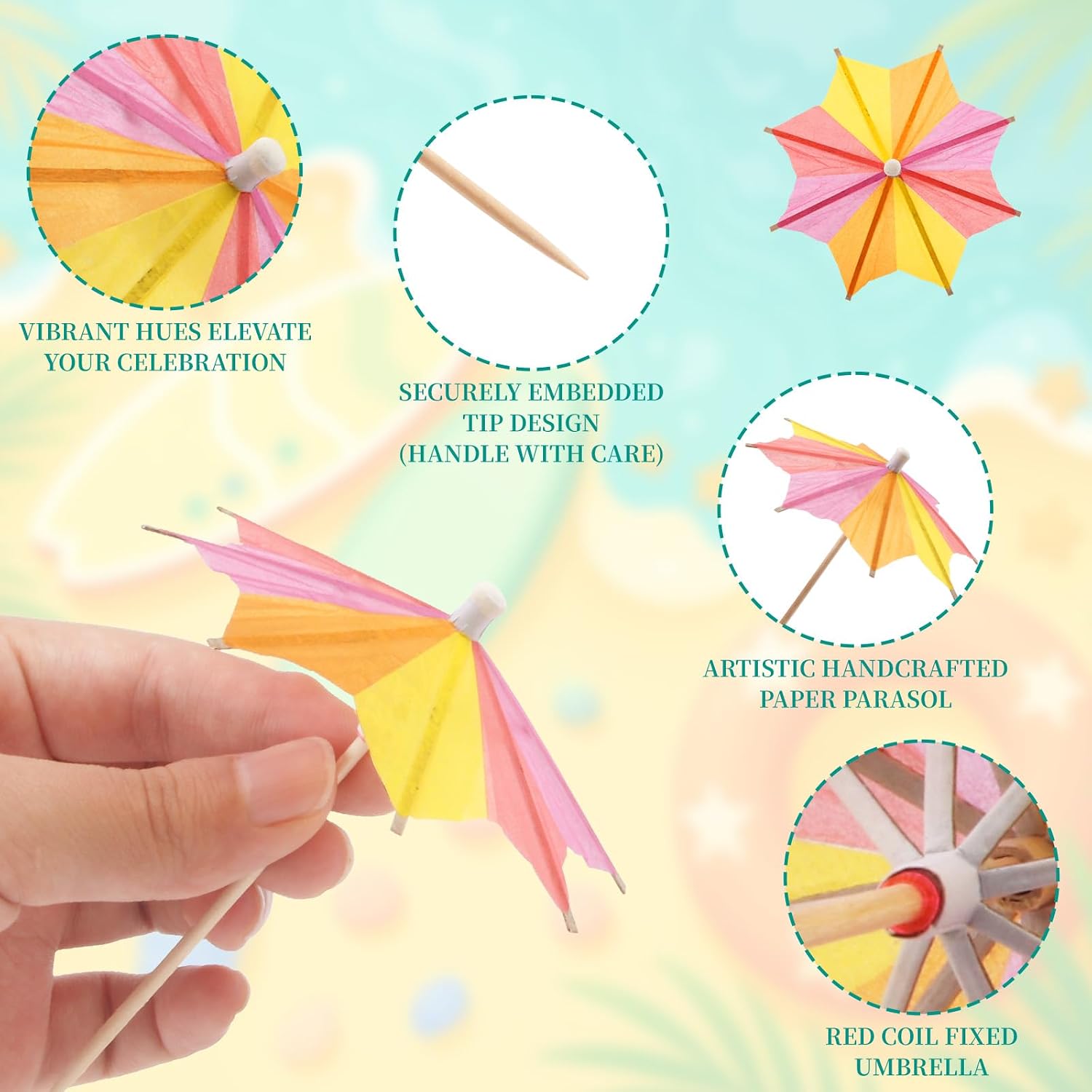 [4 Styles] Cocktail Drink Umbrellas Picks Toothpicks - 70PCS Colorful Variations Cocktail Picks with Wooden Sticks | Mini Paper Parasols for Tiki Luau & Hawaiian Party Decorations Beverage Garnish