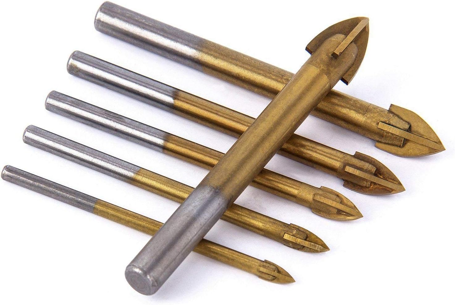 6pcs Titanium Coated Glass Drill Bits Set 4 Cutting Edges Cross Spear Head Drill with Hex Shank for Ceramic Tile Marble Mirror and Glass Tool Drill Bit