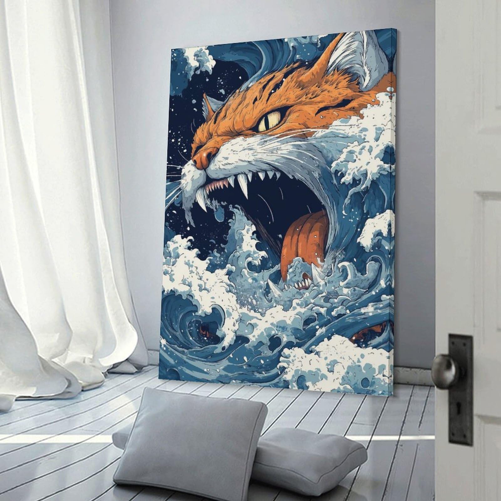 Junmoney Cat in The Waves Wall Art Print, 20x30inch(50x75cm), for Study, Office Or Focused Interiors, Home Office Artwork with Decorative Appeal