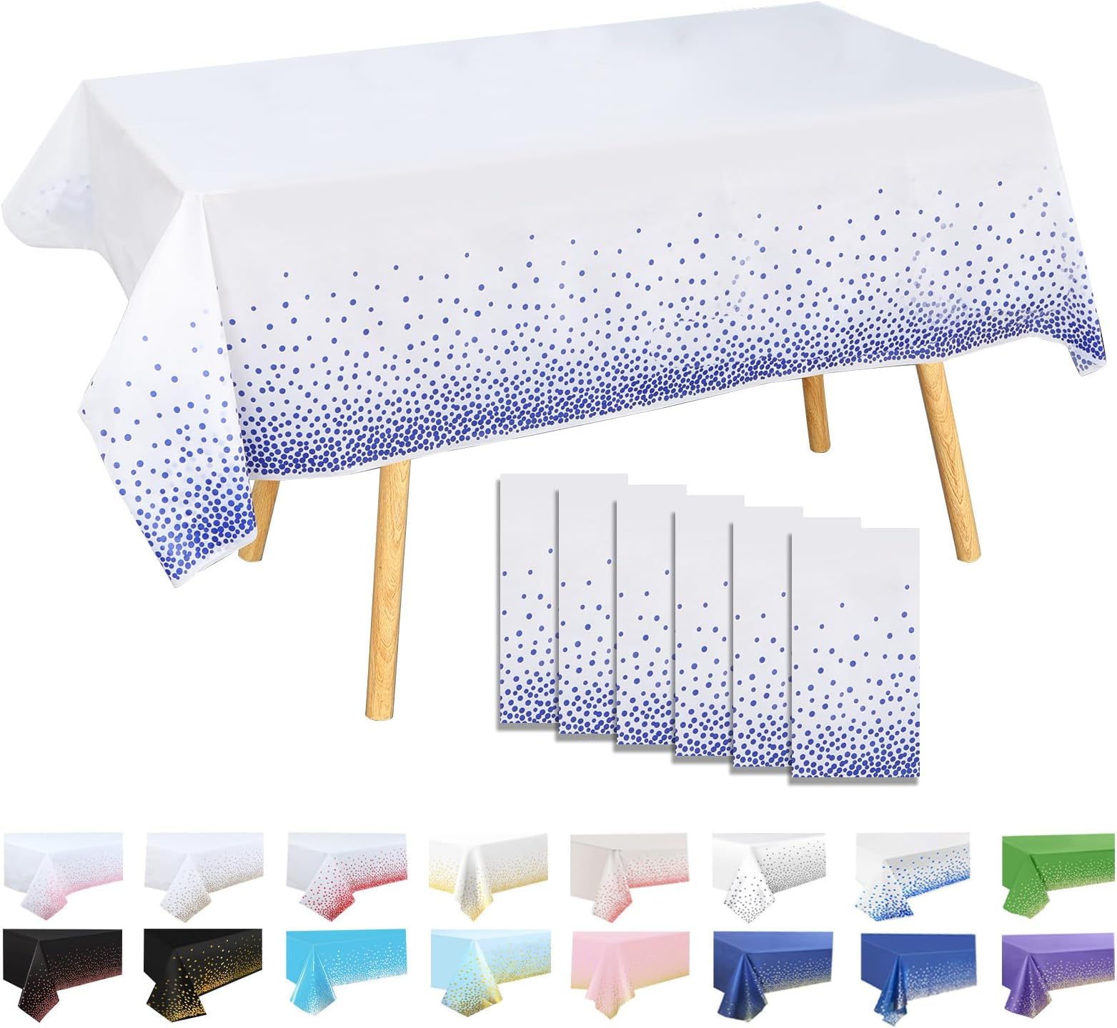 6 Pack White and Dark Blue Dots Table Cloth Party Tablecloths, 137x274cm Confetti Rectangle Plastic Table Cover for Picnic, Baby Shower, Wedding, Birthday, Xmas Halloween Table Décor