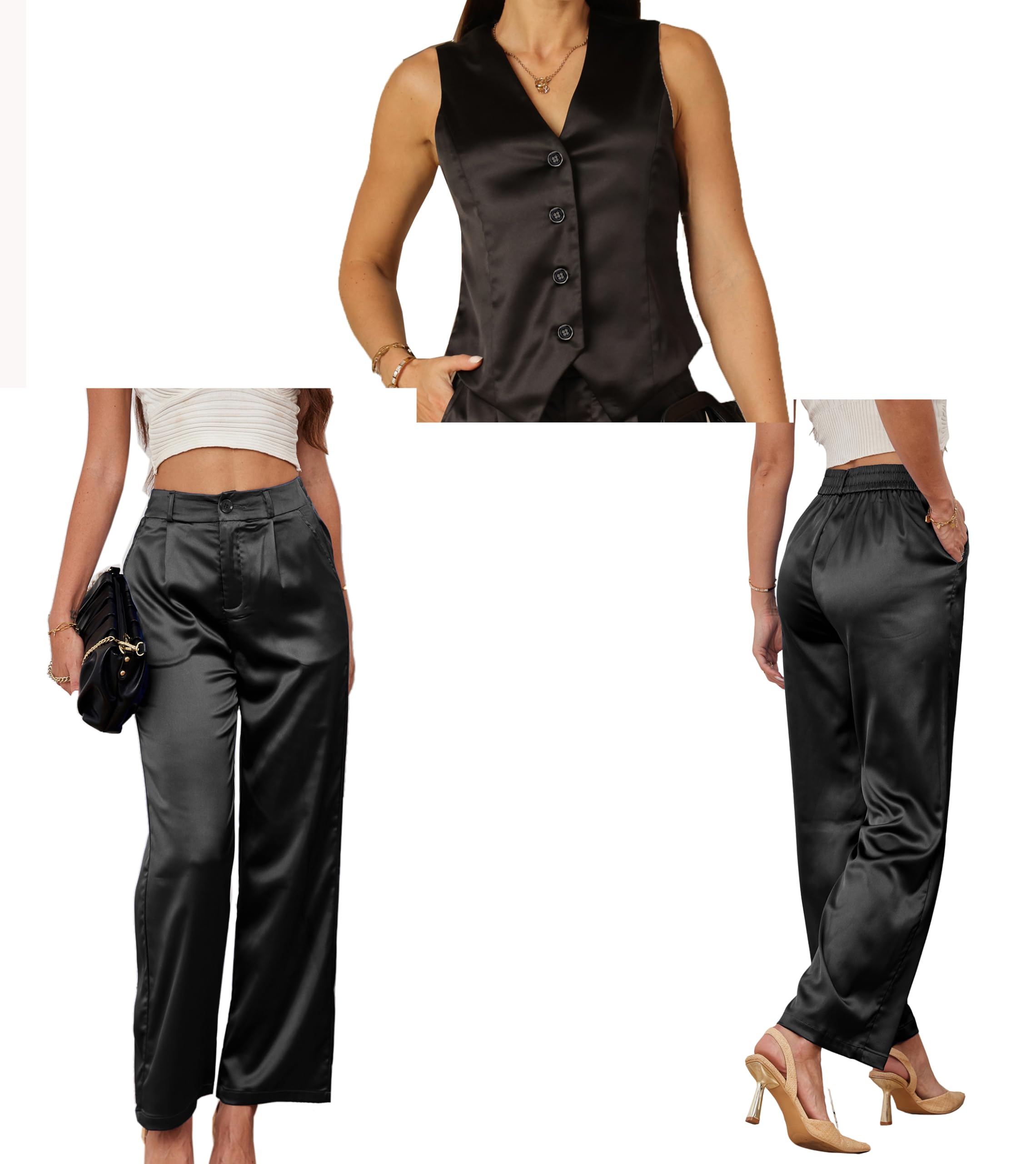 2-teiliges Satin-Outfit für Damen, Weste, Anzug-Set, seidig, weites Bein, Hose, Business, Freizeit, Hochzeit, Arbeitsset