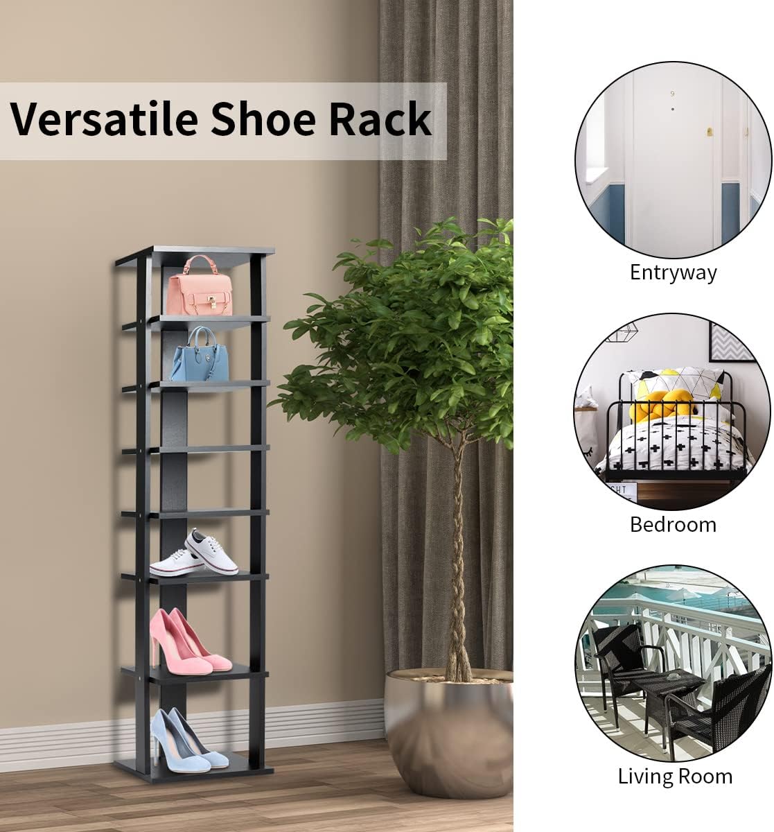 Multigot 7-Tier Shoe Rack, Wooden Shoe Shelf Organizer Unit, Space-Saving Single/Double Storage Stand (27 x 26 x 110cm, Black)
