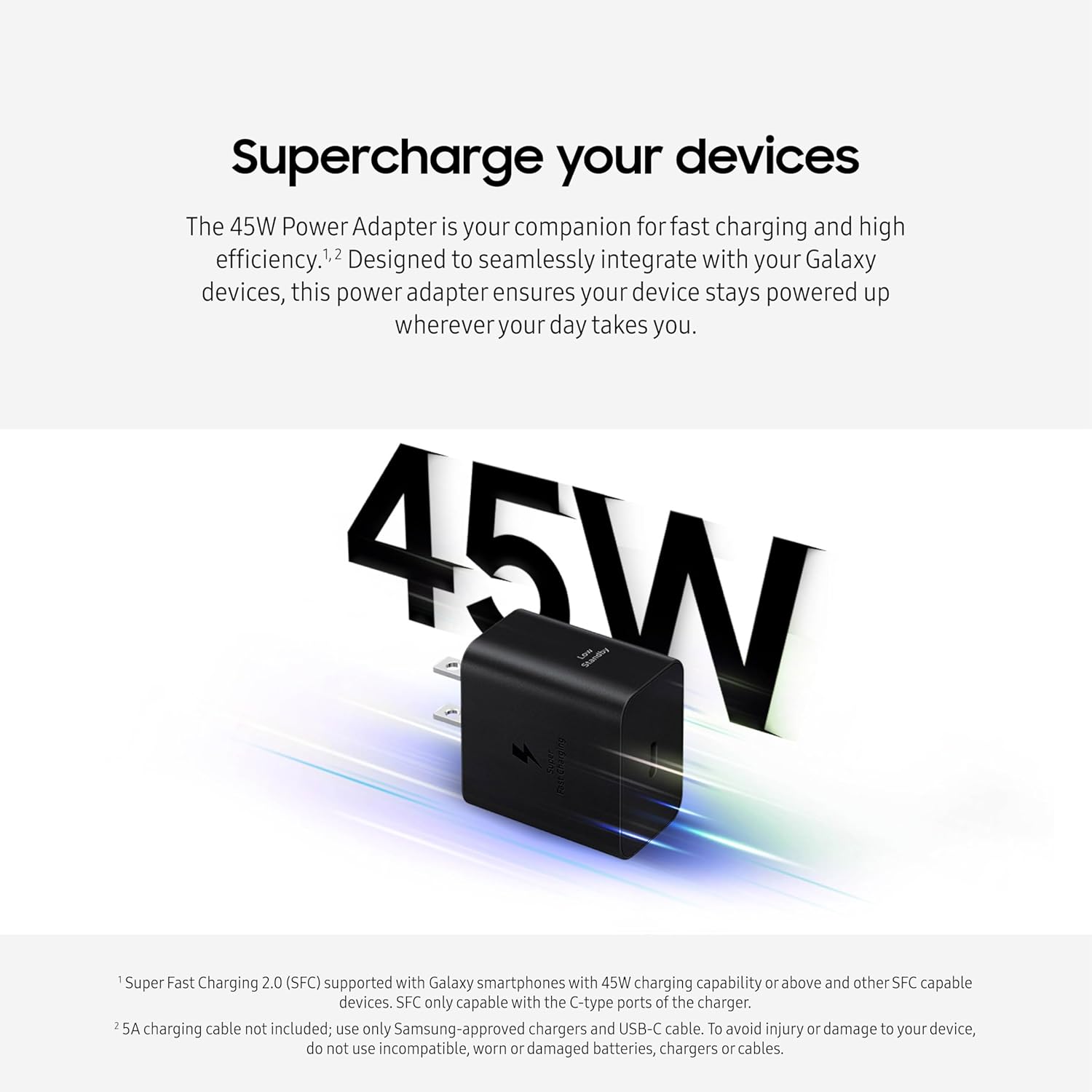 SAMSUNG 45W Wall Charger Power Adapter, Cable Not Included, Super Fast Charging for Galaxy Phones, Tablets and USB Type C Devices, Low Standby Power Consumption, EP-T4511NBEGUS, Black
