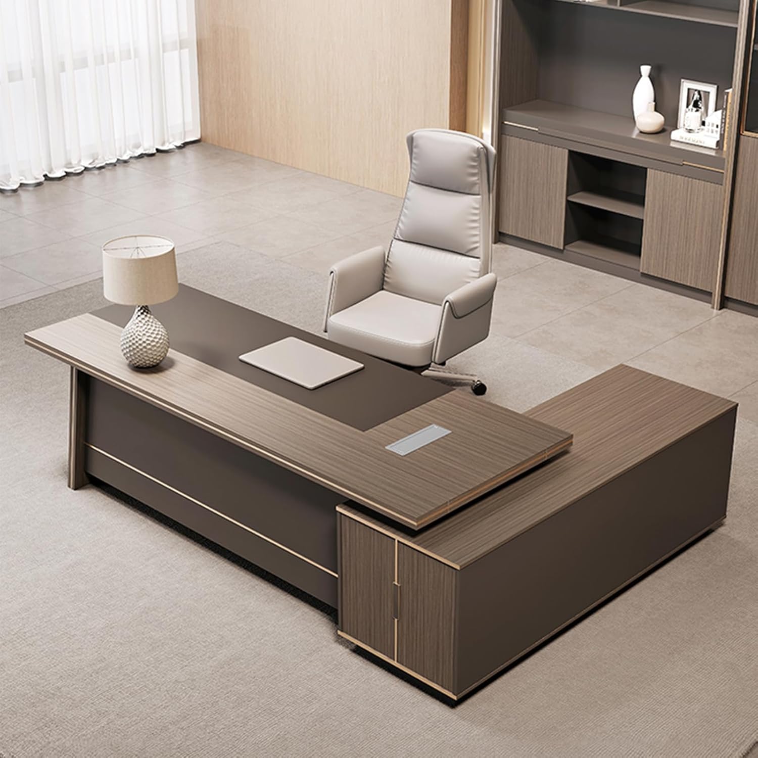 L Shaped Brown Executive Office Desk Computer Desk with File Drawers Writing Study Table Study Table Business Furniture Set for CEO Boss