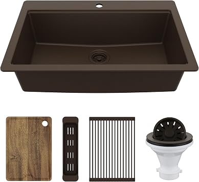 Karran 33 Inch Drop In Workstation Kitchen Sink with Color-Matched Accessories, Quartz Composite Single Bowl Sink with, Deep Basin, Scratch & Heat Resistant Brown, Color match