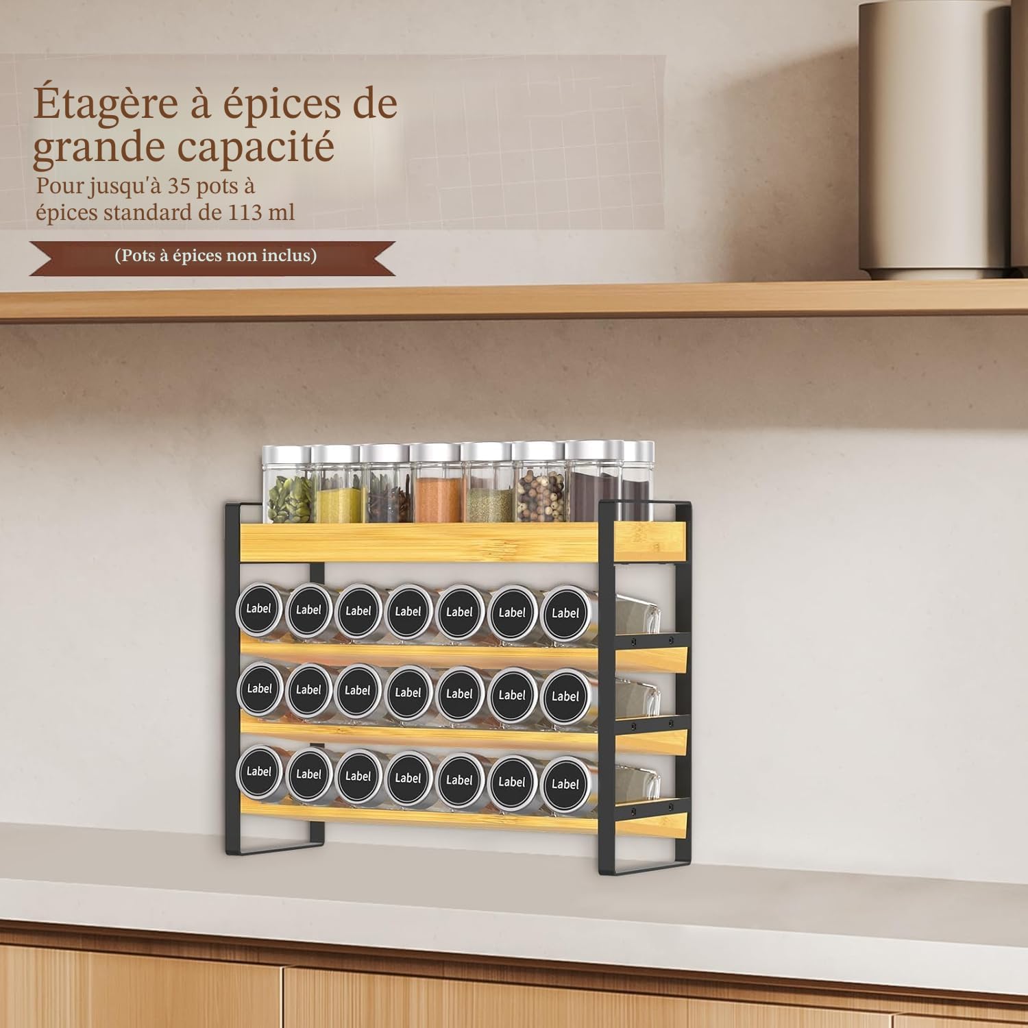 4 Niveaux Rangement epices cuisine，Bambou,Pour 35 bouteilles d'épices (verre non inclus) Pour cuisines, Placards, garde-manger, Plans de travail, Organisateur d'épices.（36x28.5x12CM）