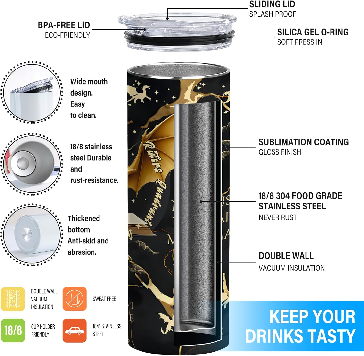 Fantasy Dragon 20oz Skinny Tumbler, Stainless Steel Insulated Travel Mug with Lid, Literature Coffee Cup, Bookish Gifts for Readers and Book Lovers - Image 3