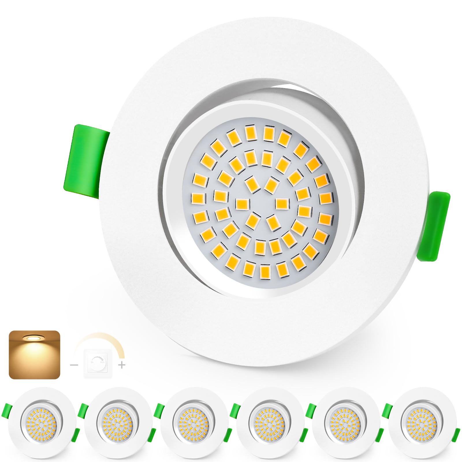 KYOTECH LED Einbaustrahler 230V Dimmbar 68-80mm IP44 Schwenkbar 6er Set | Weiß Ultra Flach LED Spots, 5W Bad Einbauleuchten Deckenspots, Warmweiß 2700K Einbauspots für Badezimmer Wohnzimmer