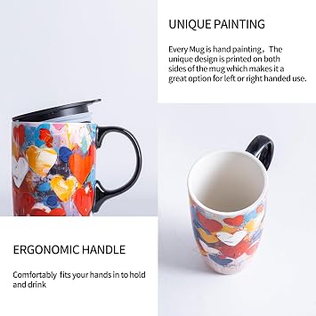 Ceramic Mug Set of 2 Travel Coffee Cup with Lid for Home & Office, 17oz. Porcelain Tall Tea Cup with Handle, Flower & Heart Mug Art Pattern in Color Box, 6.5 H