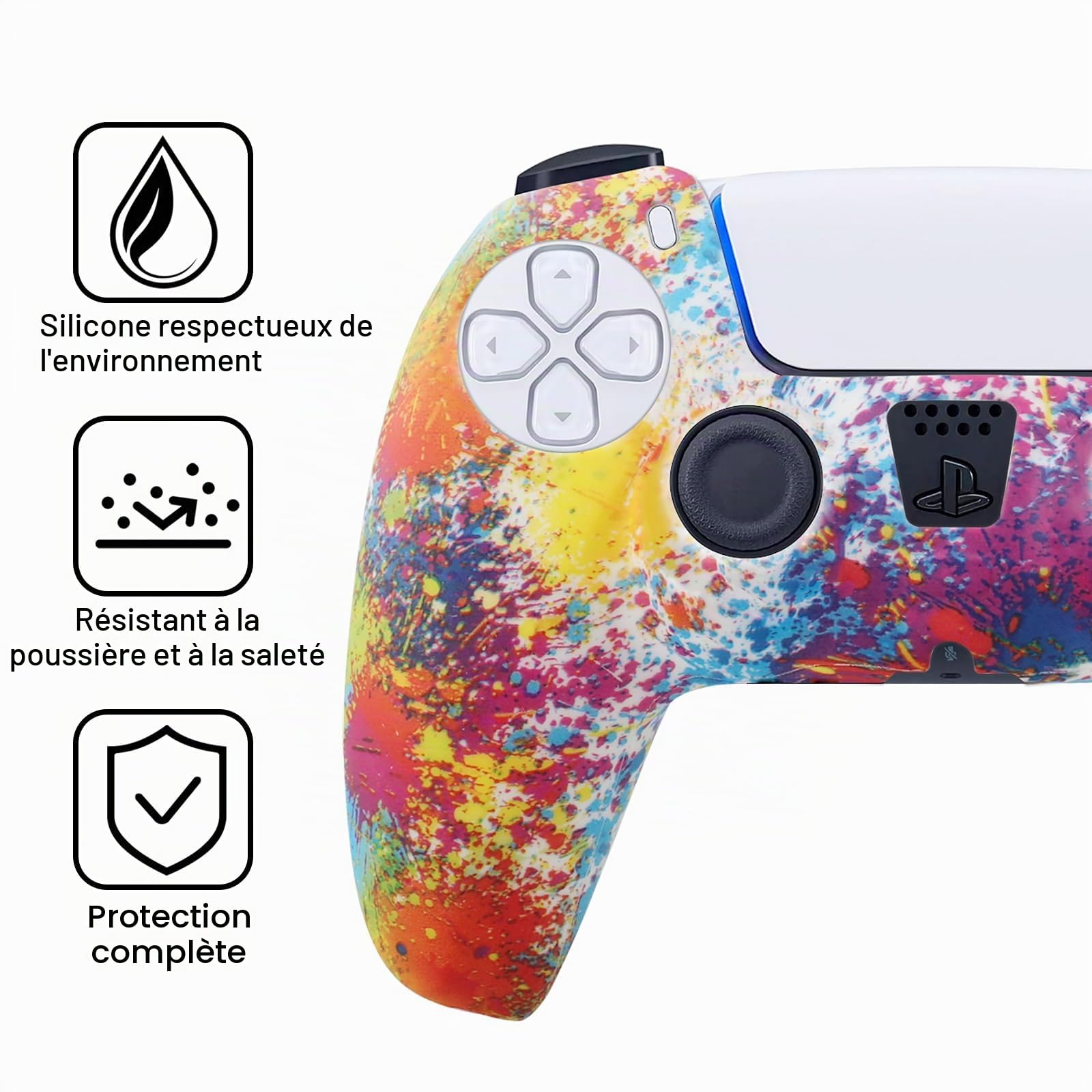Lot de 2 coques de protection antidérapantes en silicone pour manette de PS5 avec 8 capuchons de pouce - Colorés