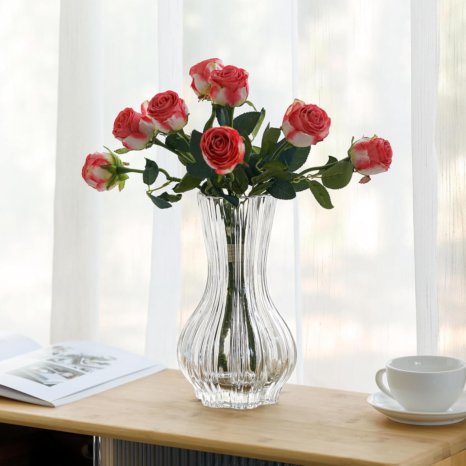 10" Decorative Modern Flower Vase for Floral Arrangements, Large Elegant Clear Glass Vase for Bouquet(Transparent) (Clear, 01) - Image 8