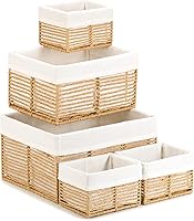 Vista 11 de Vagusicc Cestas de almacenamiento de mimbre, cestas negras de cuerda de papel tejidas a mano para almacenamiento, cestas rectangulares de mimbre