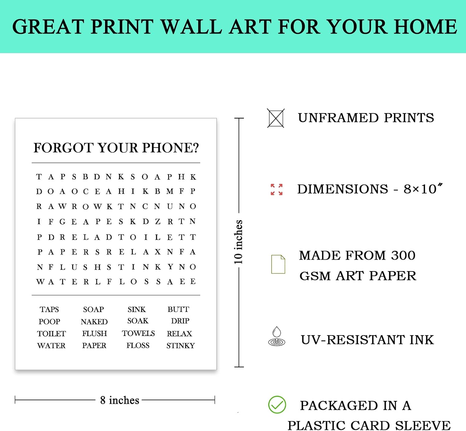 YacyCool Bathroom Word Search Poster Print - 'Forgot Your Phone?' Theme - 8x10 Inch Unframed Guest Bathroom Wall Decor - Image 6