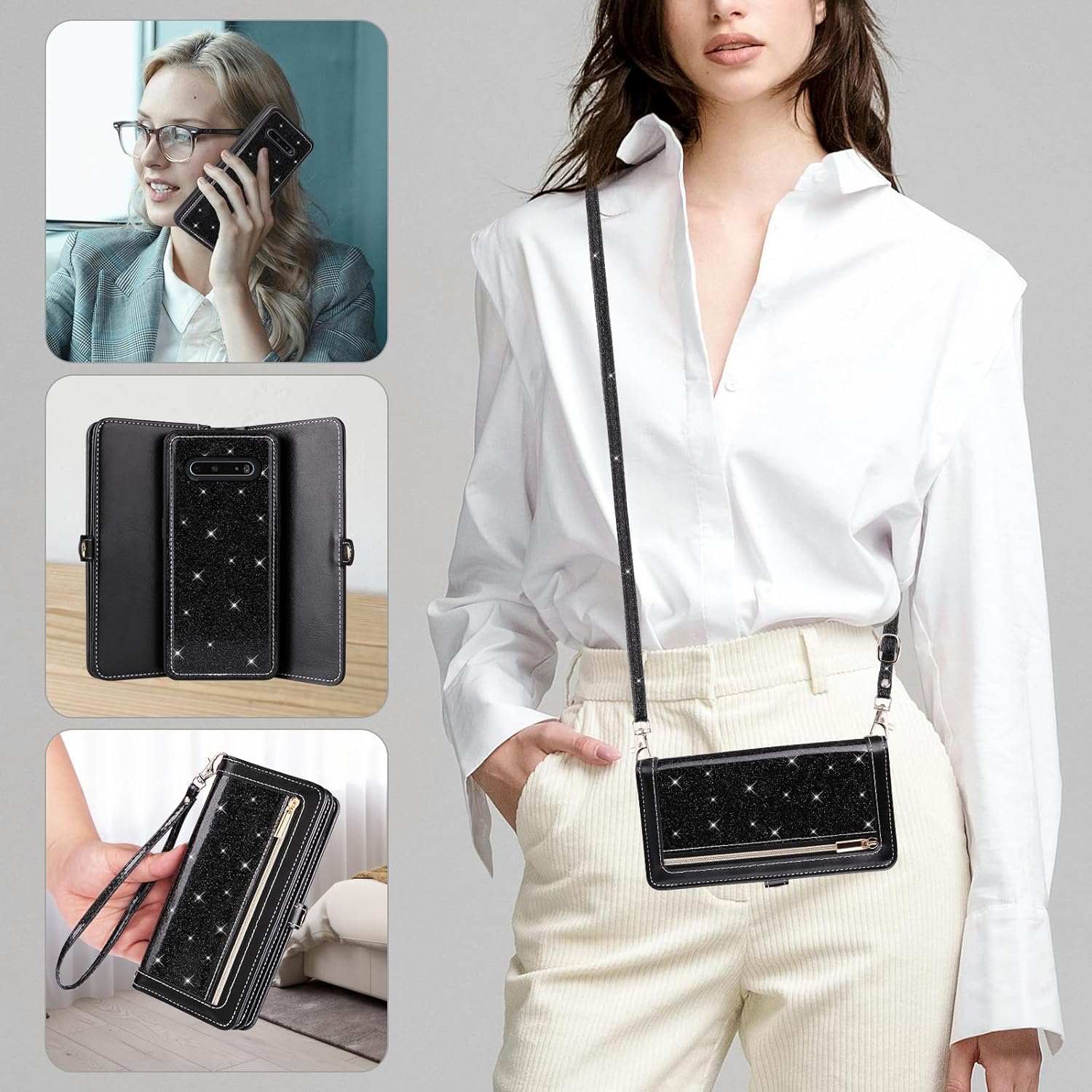 Asuwish Phone Case for LG V60 ThinQ V60ThinQ 5G G9 Thin Q Zipper Wallet Cell Cover with Tempered Glass Screen Protector Strap Bling Glitter Flip Card Holder LGV60 V 60 60ThinQ 60V Women Girls Black