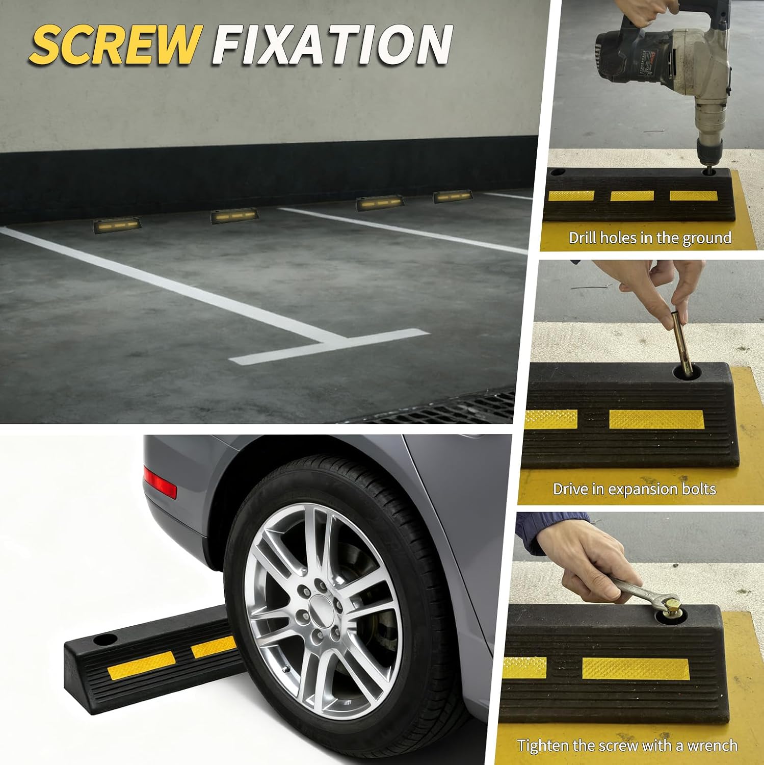 Vacallity 2 Pcs 17"L Heavy Duty Rubber Wheel Stops Parking Stopper for Garage Parking Aid Durable High-Visibility Tire Blocks Parking Aid Gadgets Tire Stops for Cars Trucks RVs with Bolt Installation