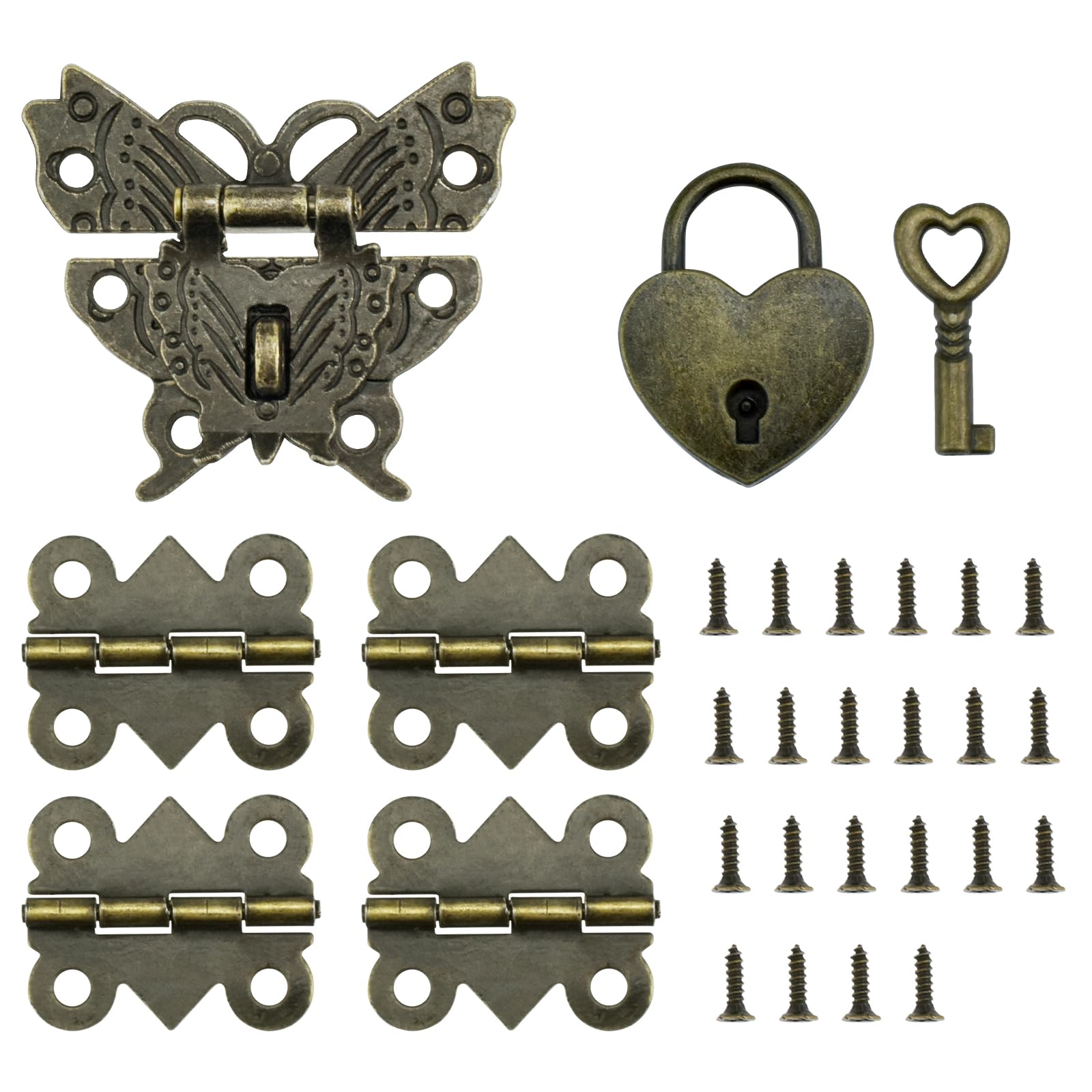 MARRTEUM 1 Set Retro Engraved Jewelry Box Hinges Hasp Catch Lock Set, Decorative Hardware Kit with Screws for DIY Wooden Case Furniture Cabinet