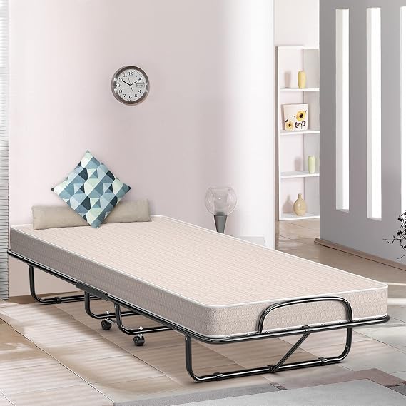 KOMFOTT Twin Folding Bed with 5 Inch Mattress Twin Size, Rollaway Bed with Memory Foam Mattress, Portable Fold Up Guest Bed with Sturdy Steel Frame on Wheels for Home & Office, Made in Italy