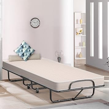 KOMFOTT Twin Folding Bed with 5 Inch Mattress Twin Size, Rollaway Bed with Memory Foam Mattress, Portable Fold Up Guest Bed with Sturdy Steel Frame on Wheels for Home & Office, Made in Italy