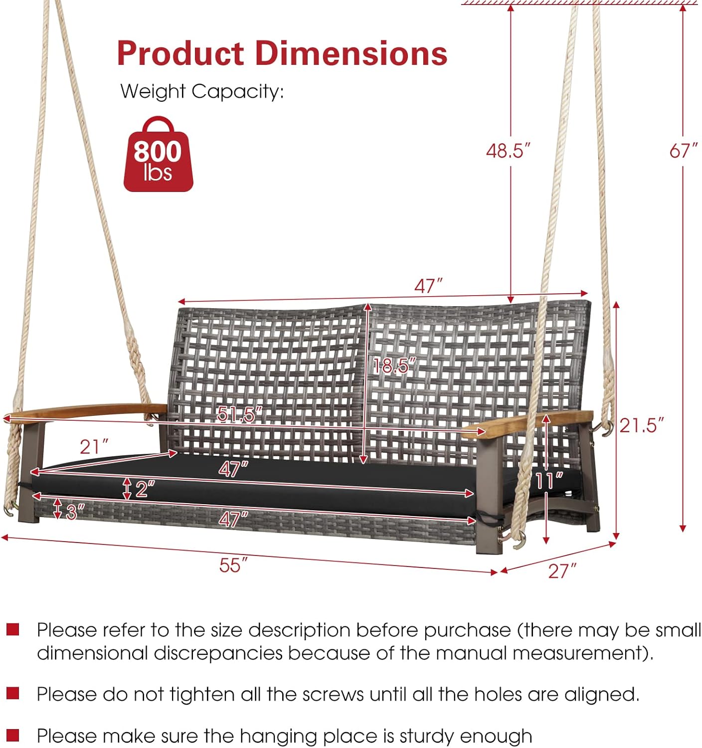 Tangkula 2-Person Outdoor Porch Swing with 118" Hanging Ropes, Patiojoy PE Wicker Patio Hanging Swing Bench with Soft Seat Cushion & 800 Lbs Weight Capacity, Suitable for Patio, Garden (Black)