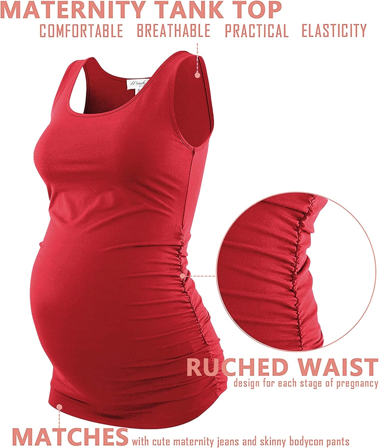 Peauty "Long Enough to Cover Hip Maternity Side Ruch Tank Tops/Basic Maternity Tops for Summer Casual Wear (S-3XL) - Image 3