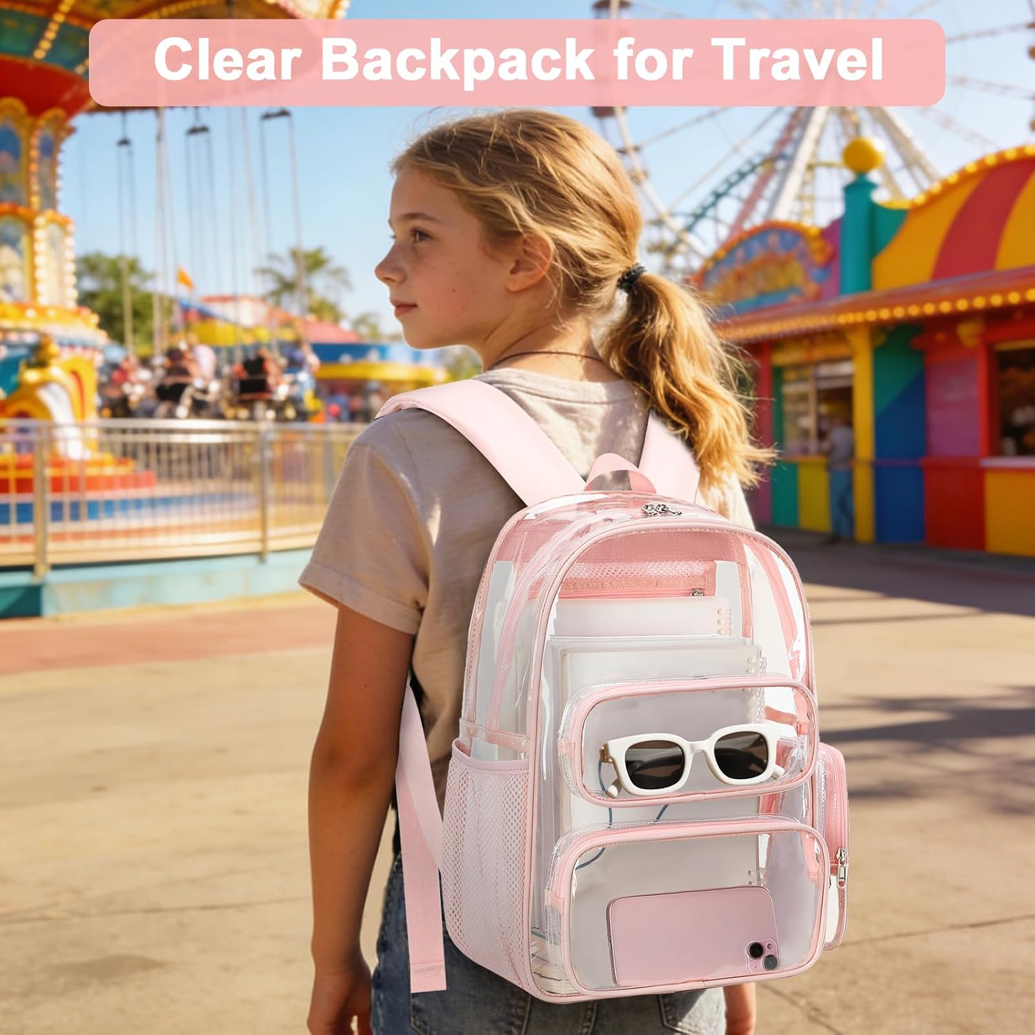 BTOOP Clear Backpack Heavy Duty Transparent Backpack 17" See Through Bookbag for College Work Festival Security Padded Strap (Pink)