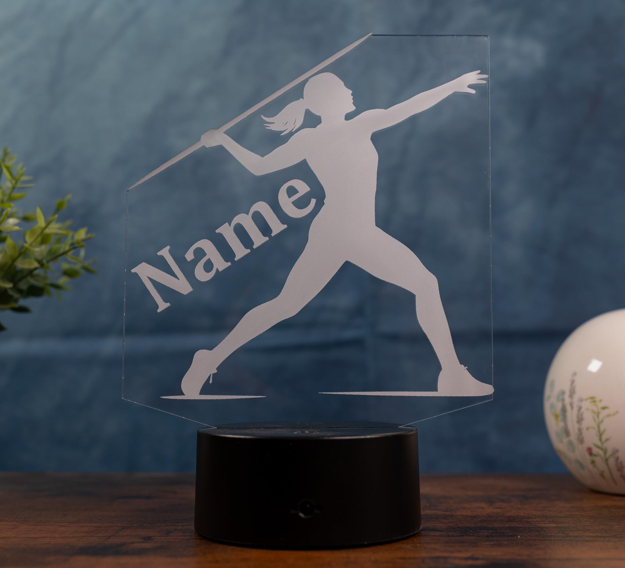 Speerwurf Lampe personalisiert – LED Nachtlicht mit Name | Leichtathletik Geschenk für Frauen & Mädchen | Javelin Throw Light Sport Deko Kinderzimmer & Vereinsheim