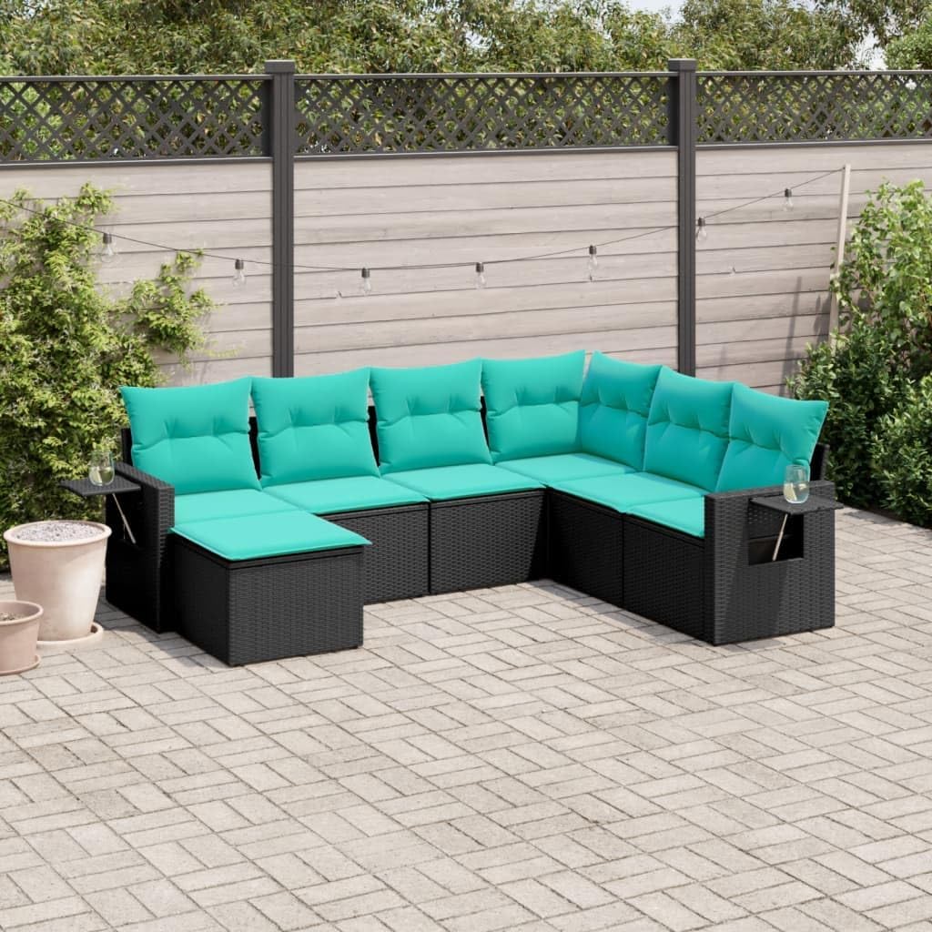 vidaXL Patio Sofa Set 7 Piece Black Poly Rattan with Blue Cushions - Weather- Outdoor Garden Furniture with Modular Design and Foldable Side Tables