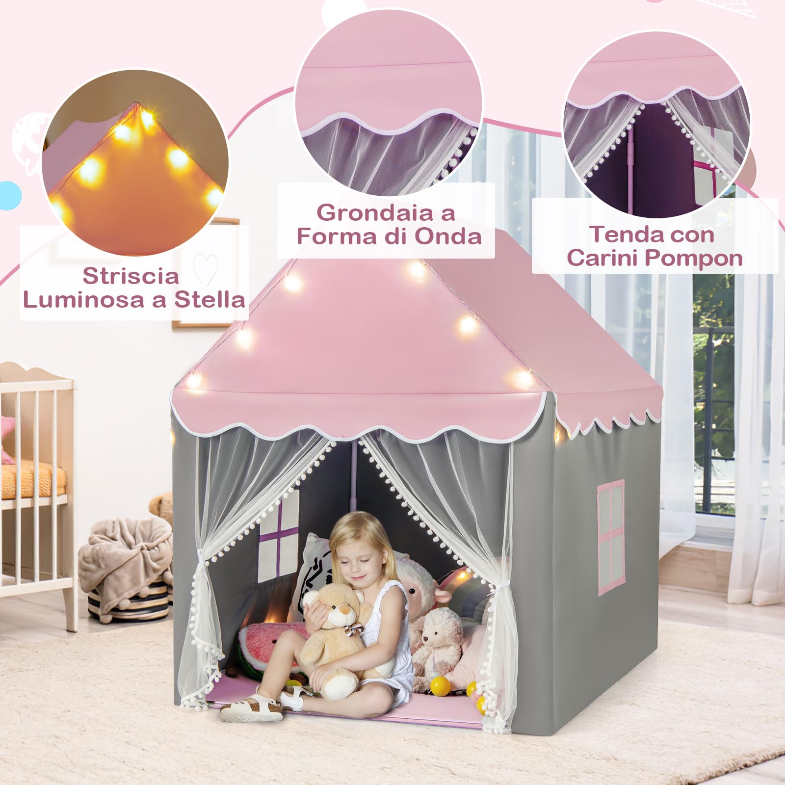 COSTWAY Tenda da Gioco per Bambini, Tenda Castello con Tappetino Lavabile, Luci a Forma di Stella, per Interno ed Esterno, 105 x 121 x 136 cm (Stile 2 Rosa)