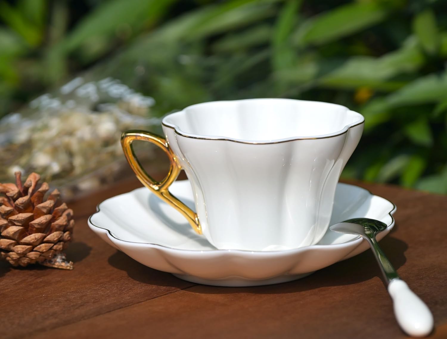 British Coffee Cup 3 Piece Set（6.8oz） Household Fashional Tea Cup with Saucer Spoon (white-B)