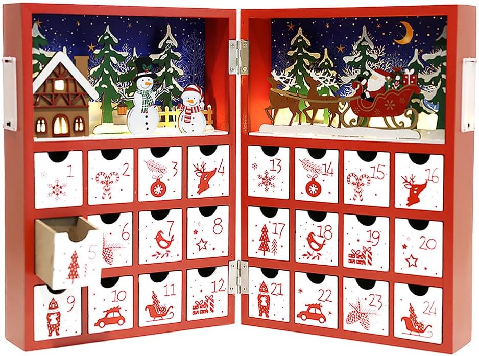 Christmas Wooden Advent Calendar Book with LED lighting Red Color Christmas Snowman & Santa Countdown Holiday Gifts with 24 Drawers Adults Kids Home Decoration