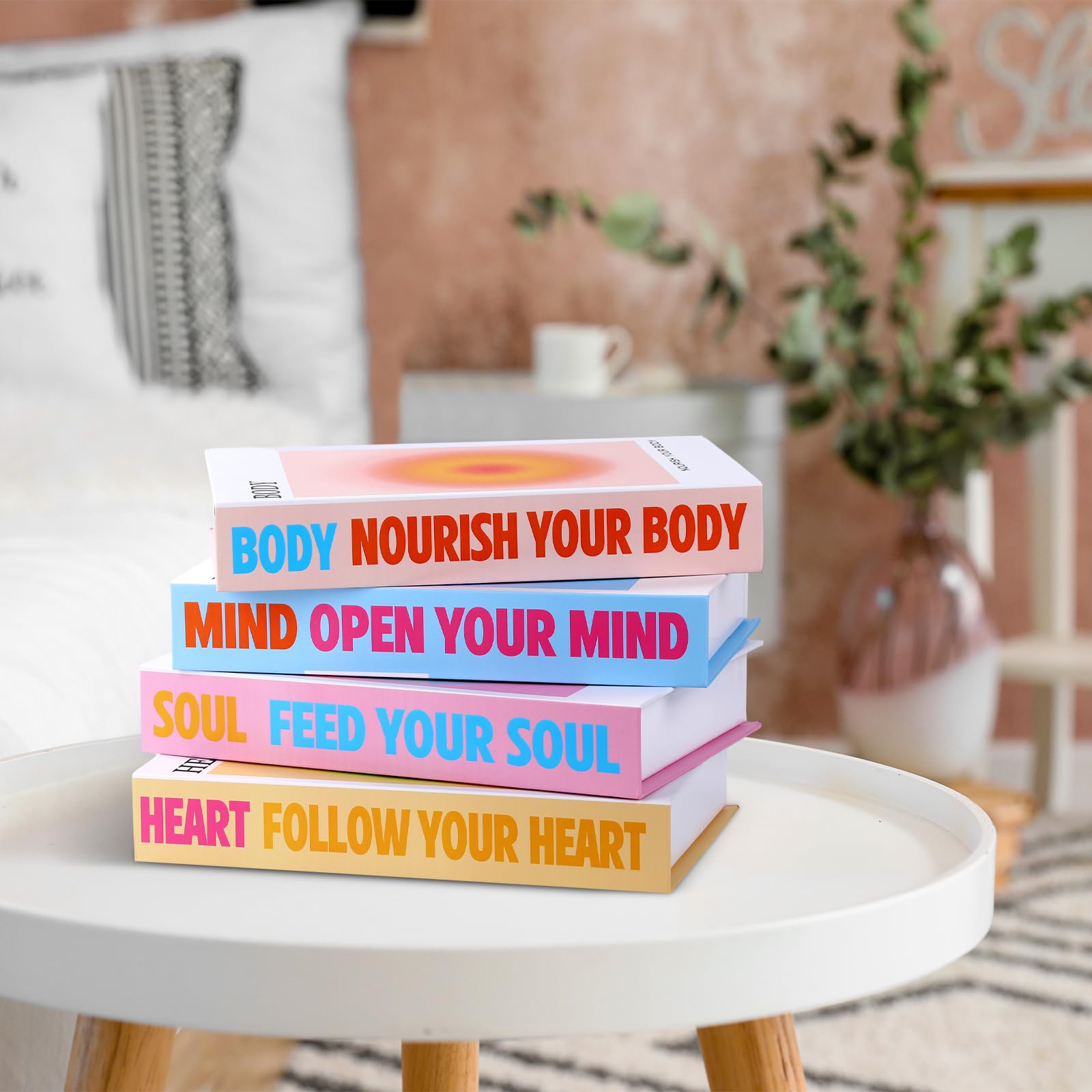Pasimy Set di 4 libri decorativi con aura sfumata e angelo, tavolino impilato, decorazione per libri, anima, corpo, mente, cuore, citazioni ispiratrici, copertina rigida, libri falsi per casa,