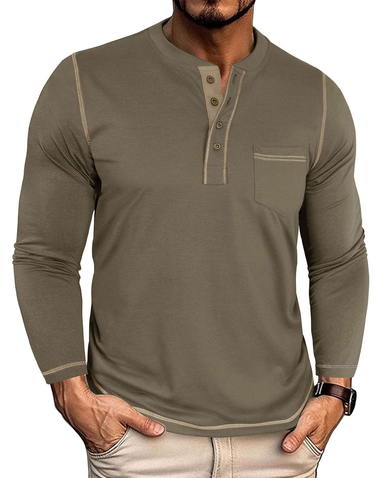 YawYews Langarmshirt Herren Longsleeve Tshirt Henley Shirt Langarm Baumwolle Männer Longshirt mit Tasche M-3XL