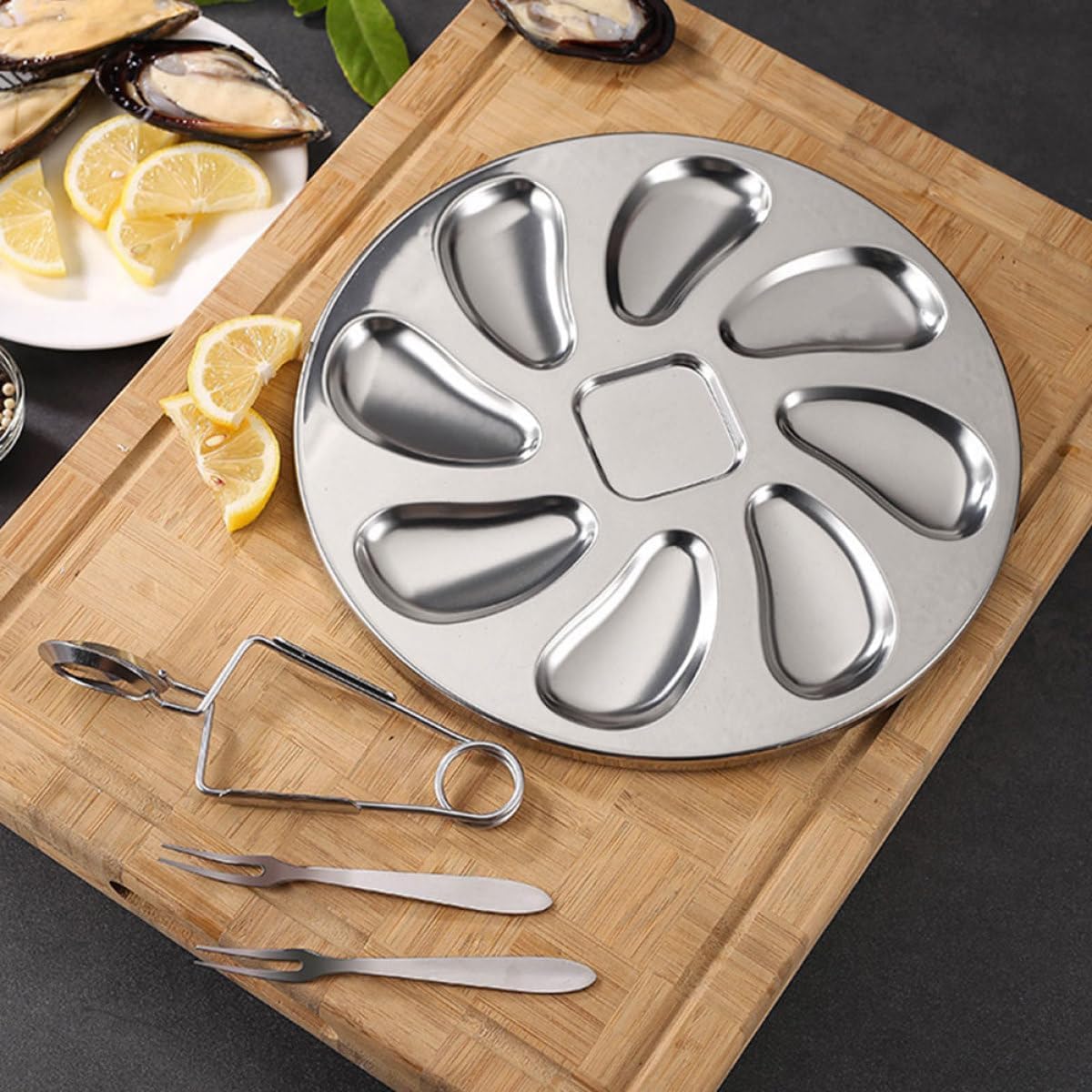 Stainless Steel Oyster Serving Plate Set with Opener Tool and Fork, 3pcs Seafood Dishware for Restaurant and Home Grilling, Sturdy Kitchen Accessory