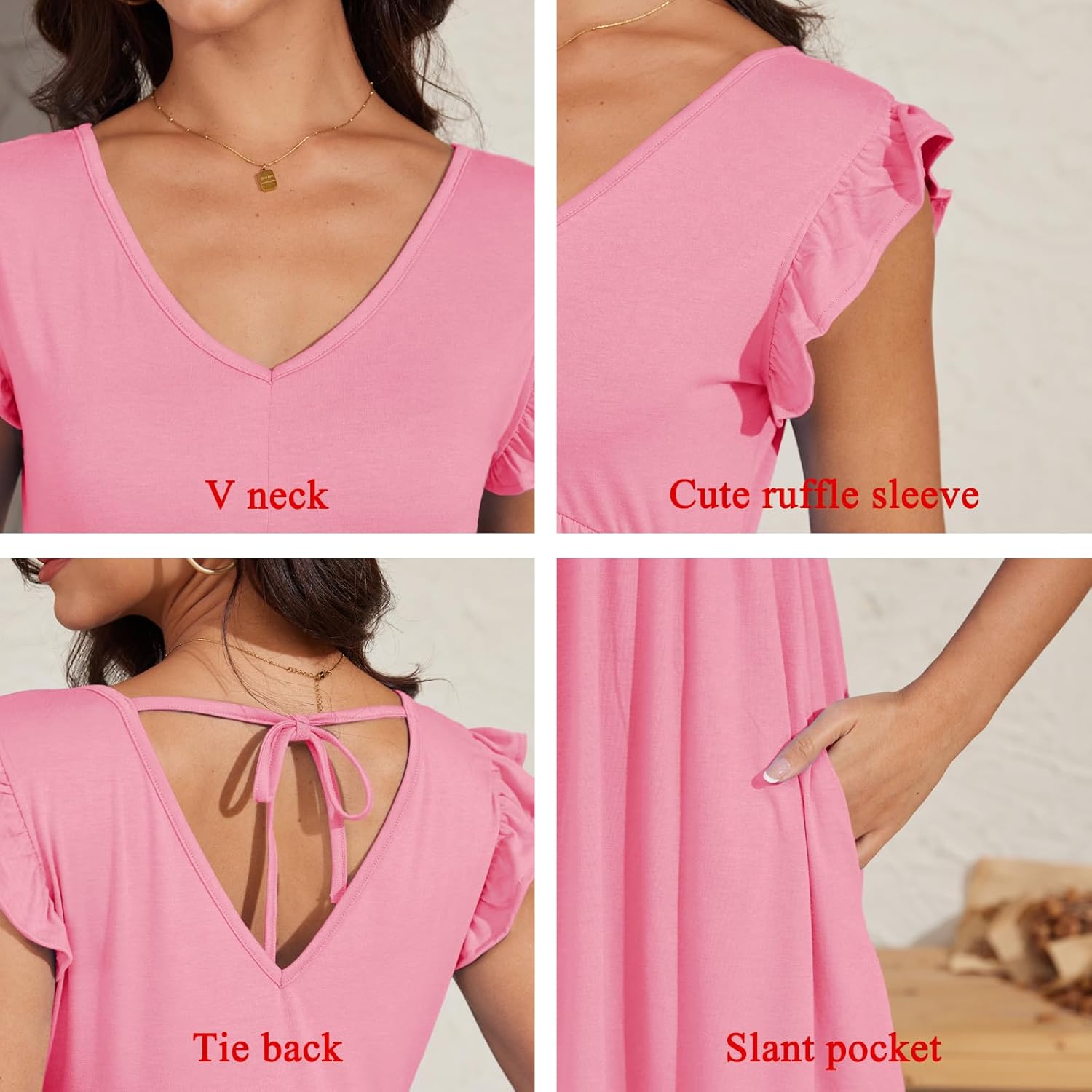 Jayscreate Women's 2025 Baby Doll Dress Backless Tie Back Pocket Summer Casual Ruffle Sleeve V Neck Mini T Shirt Dress - Image 6