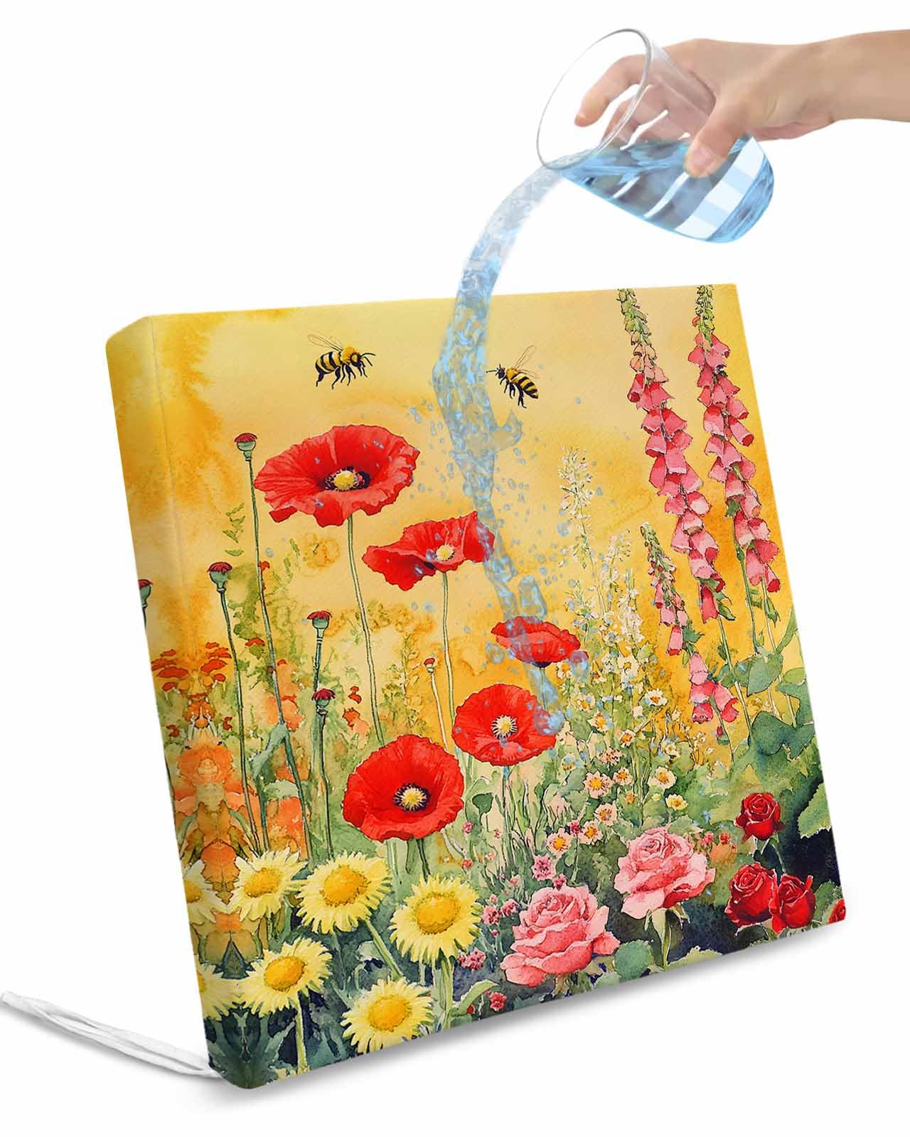 2 Pack Poppy Botanical Waterproof Cushion Covers with Ties, Outdoor Patio Chaise Lounge Chair Seat Cushion Slip Covers Replacement(Only Cover) Vintage Floral Yellow Ombre 20