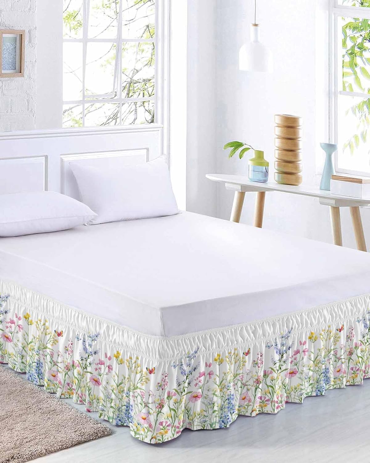 Spring Floral Bed Skirt Queen Size 18 Inch Drop, Elastic Bedskirt Dust Ruffle for Queen Bed, Colorful Watercolor Botanical Summer Wrap Around Bed Skirts Luxurious Pleated Bed Frame Cover
