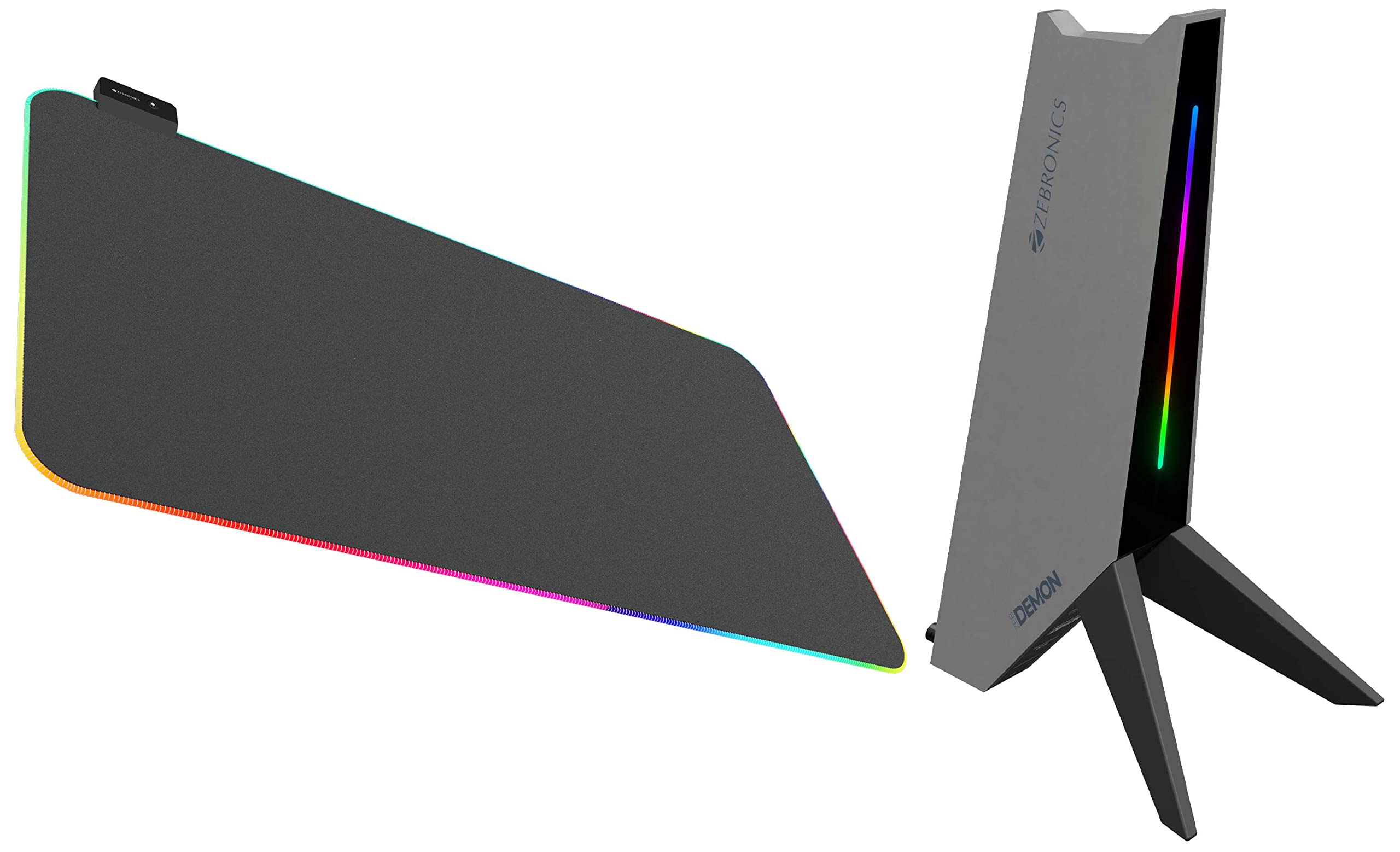 ZEBRONICS Zeb-Demon Tabletop Over Ear Gaming Wired Headphone Stand with RGB Led, Dual USB Ports, 3.5Mm Jack, Abs Material, 1.5 Meter USB Cable & Zeb-Blaze XL RGB Gaming Mouse Pad