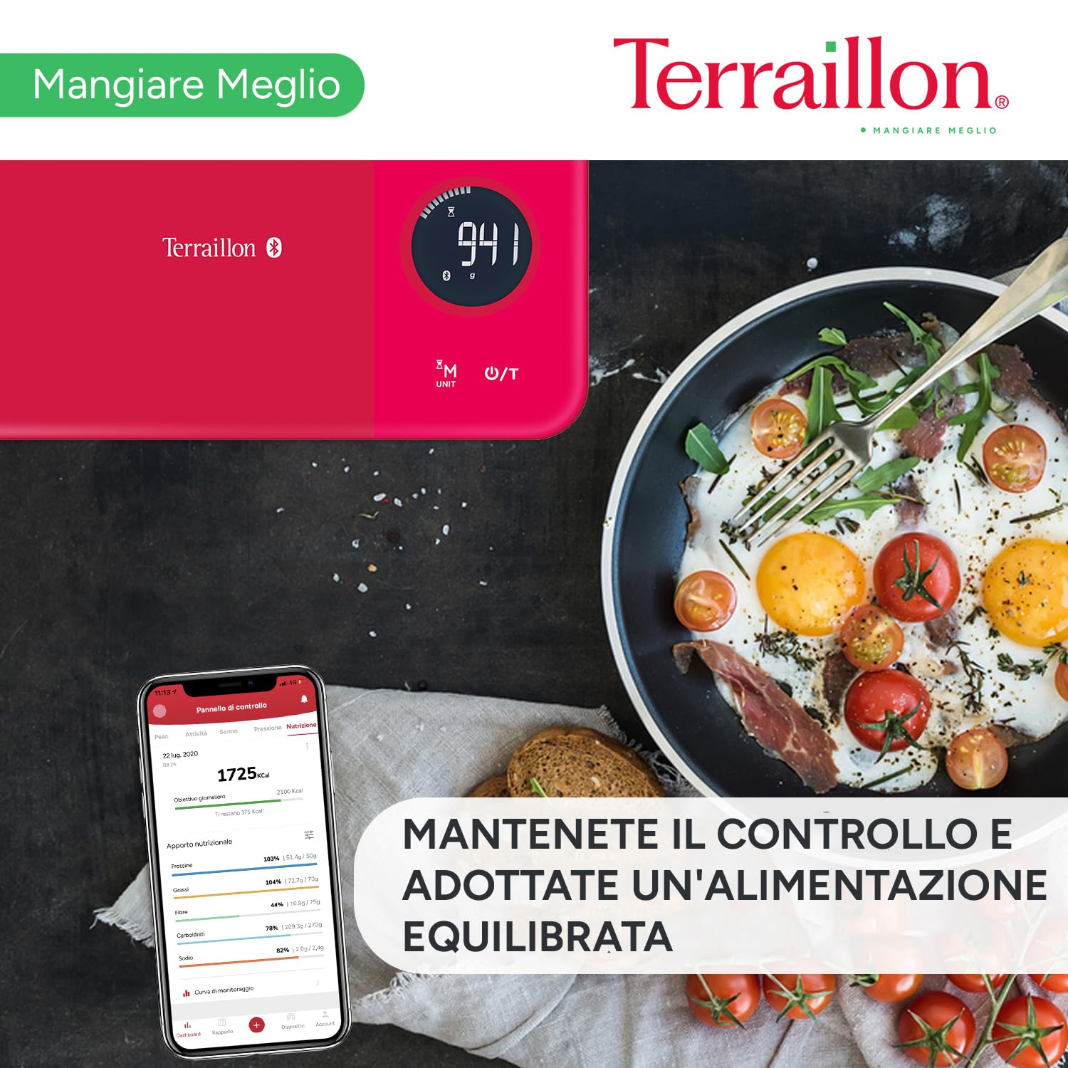 TERRAILLON - NUTRITAB - Bilancia da cucina con connessione Bluetooth, app MyHealth, piatto in vetro, portata 5 kg, precisione 1 g, scansione dei codici a barre, analisi del valore nutrizionale, rosso