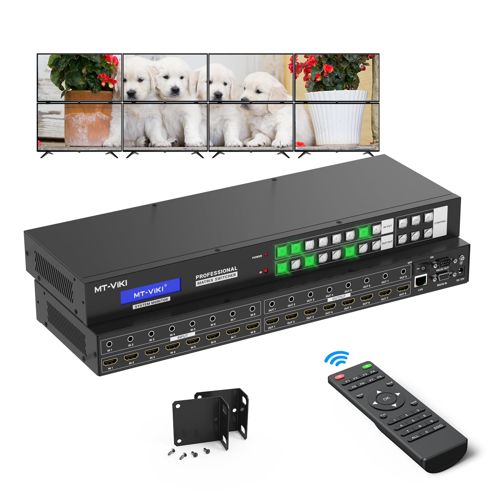 MT-VIKI 8x8 4K Seamless HDMI Matrix Video Wall 2x4 w/Web GUI+Audio Out, Customised HDMI TV Wall Controller, Rack Mount Matrix Switcher Splitter Support RS232, APP, IR Remote, Web