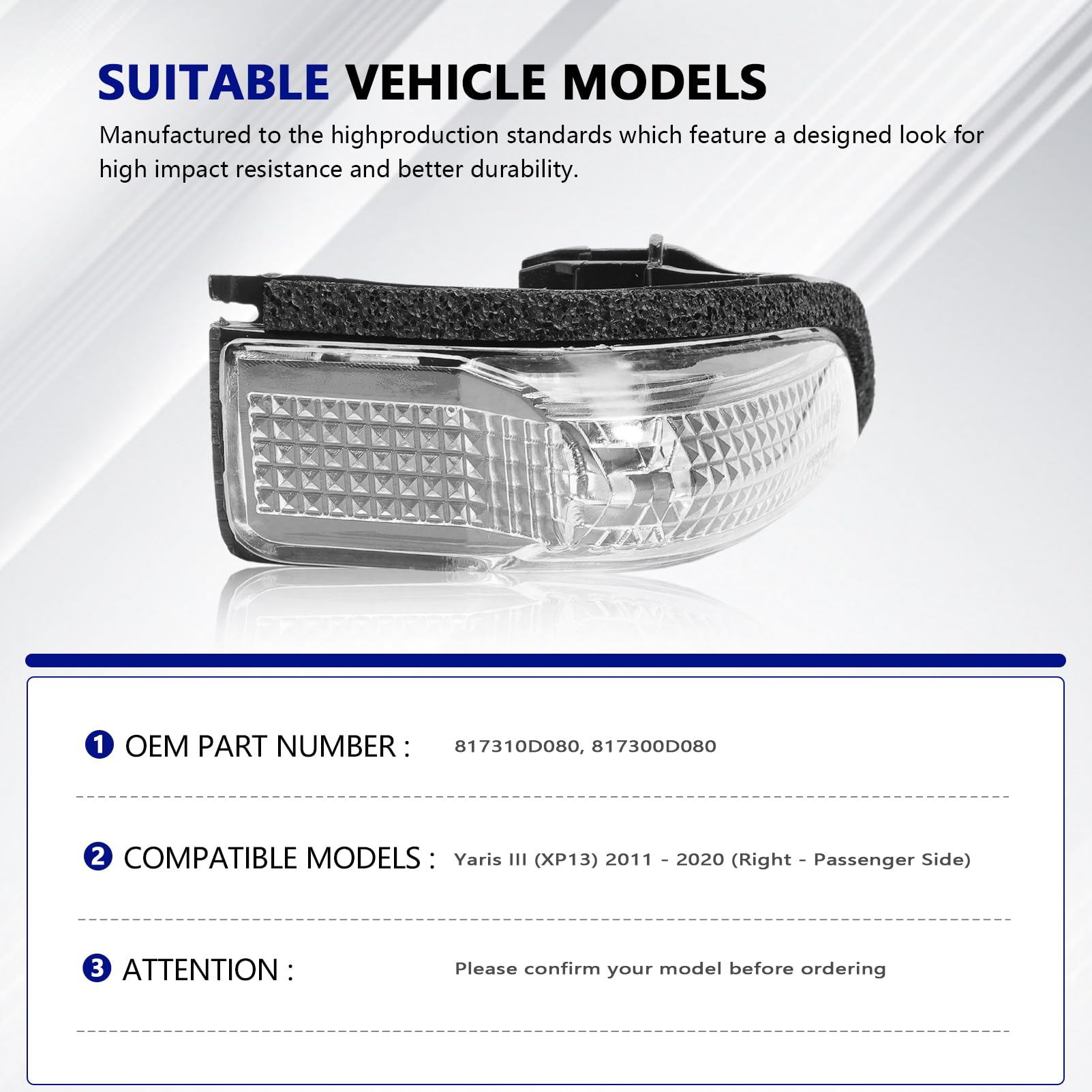 1 pezzo Freccia Destro luce Specchietto Laterale Indicatore di Direzione per YARIS (XP13) 2011-2020 (Lato Passeggero) 817310D080 817300D080