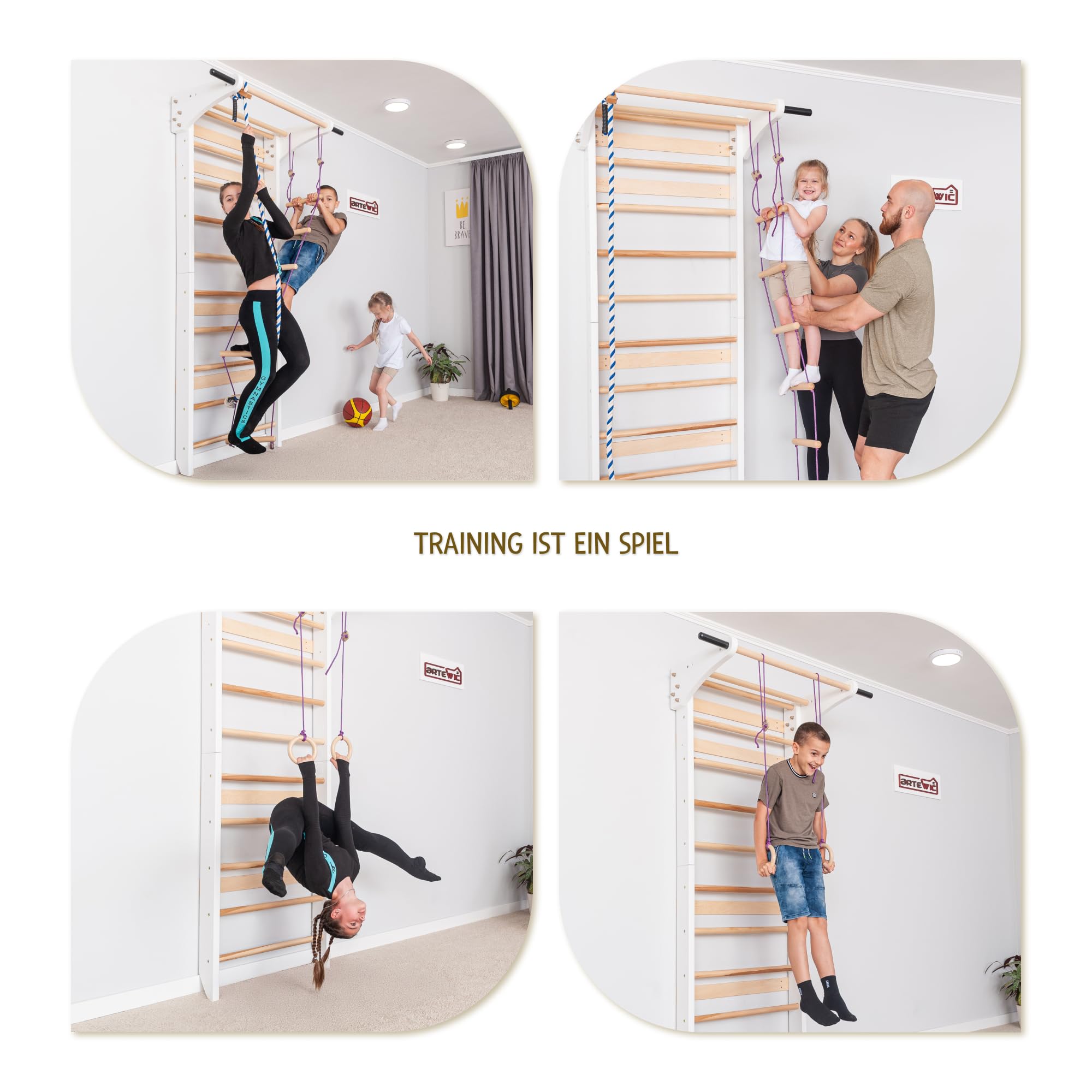 Sprossenwand Holz mit Zubehör (Ringe, Seil, Schaukel) - Indoor Klettergerüst für Kinder & Erwachsene - Turnwand massiv bis 150kg - Kletterwand für das Kinderzimmer (Weiß)