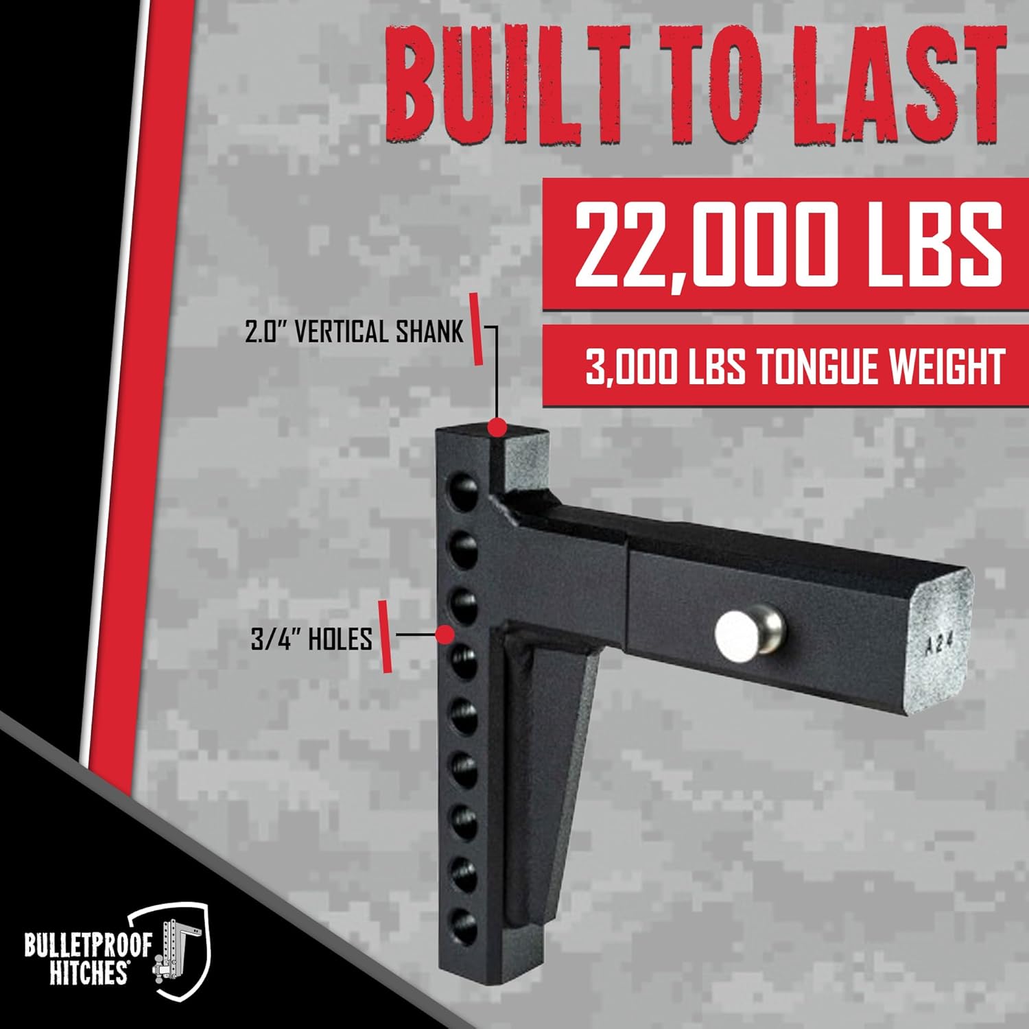 BulletProof Hitches - 2.5" Weight Distribution Shank Rated to 22,000 lbs - Weight Distribution Hitch Shank for 2.5" Receiver - Corrosion-Resistant, Black Powder Coat