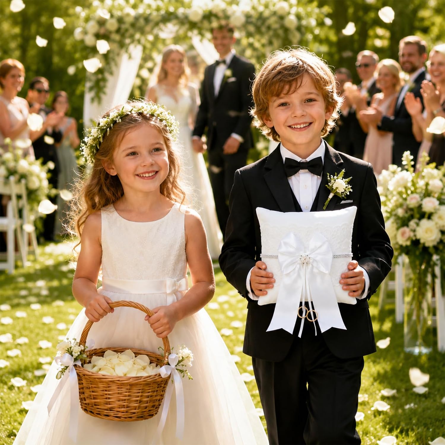 JJUNW Wedding Ring Pillow, Ivory Ring Bearer Pillow,with Lace & Pearl Bow Ring Bearer Holder for Wedding Party Ceremony