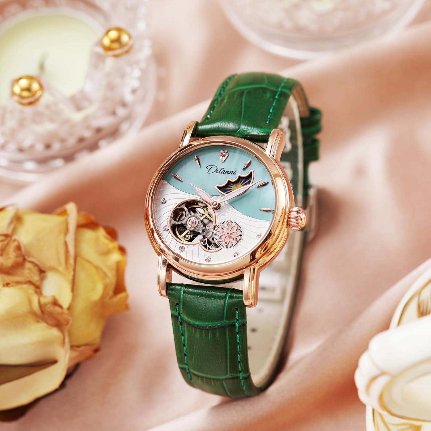 Women's Automatic Watch with Moon Phase & Flower Second Hand, 34mm Rose Gold Skeleton Mother of Pearl Dial, Diamond Bezel, Genuine Leather Strap - Image 7