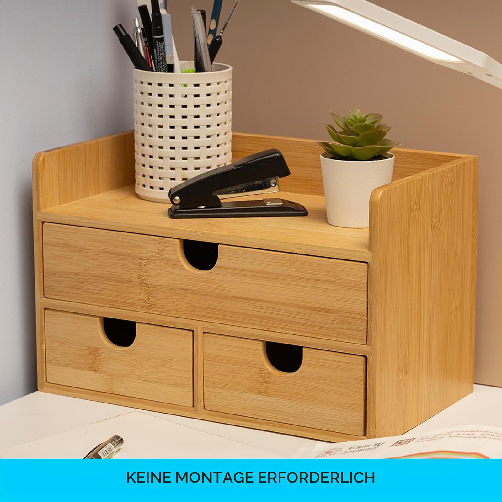 MEEDEN Schreibtisch Organizer mit Schubladen aus Bambus: Desktop Aufbewahrungsbehälter mit Regal - Tischplatte Lagerung Organisation Box für Büro Haus Toiletten liefert | Tisch-Organizer für Kunstbedarf – zur Aufbewahrung von Zeichenwerkzeugen, Malutensil
