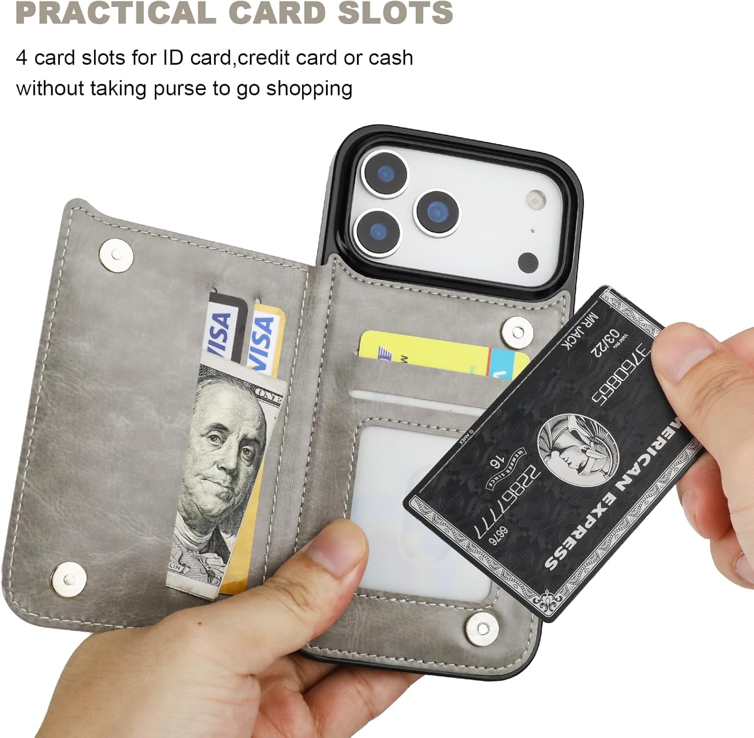 ONETOP Compatible with iPhone 17 Pro Max Wallet Case with Card Holder, PU Leather Kickstand Card Slots Case, Double Magnetic Clasp and Durable Shockproof Cover 6.9 Inch (Gray) - Image 4