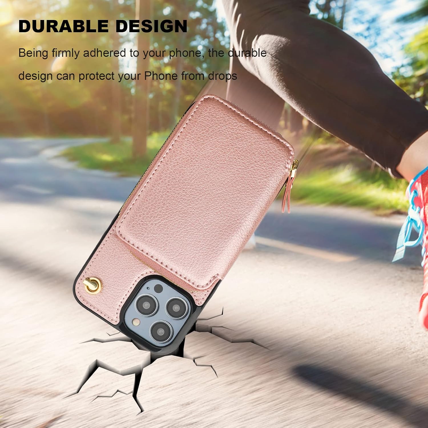Bocasal Crossbody Wallet Case for iPhone 14 Pro Max, RFID Blocking Leather Purse Case with Card Holder, Protective Handbag Flip Cover with Zipper Wrist Strap Lanyard for Women 5G 6.7 Inch (Rose Gold)